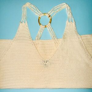 Vintage Lauren Ralph Lauren Beige Crochet Halter Top 90s Medium Boho Y2K Crochet